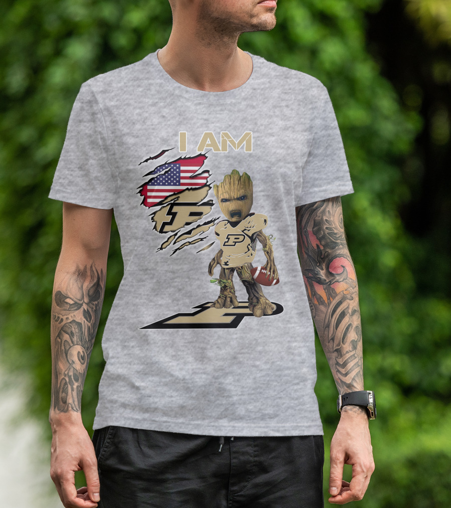 I AM Purdue Baby Groot Football American Flag P T-Shirt