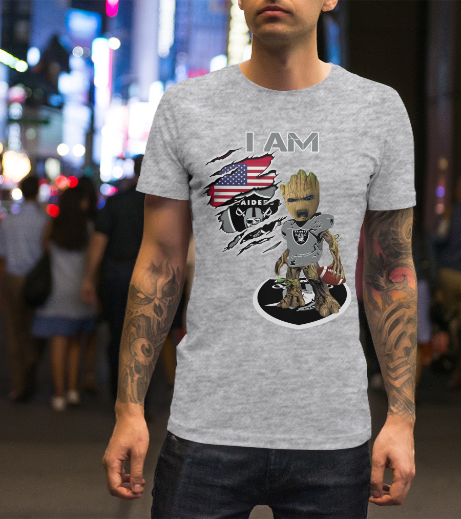 I Am Raiders Baby Groot American Flag Football T-Shirt