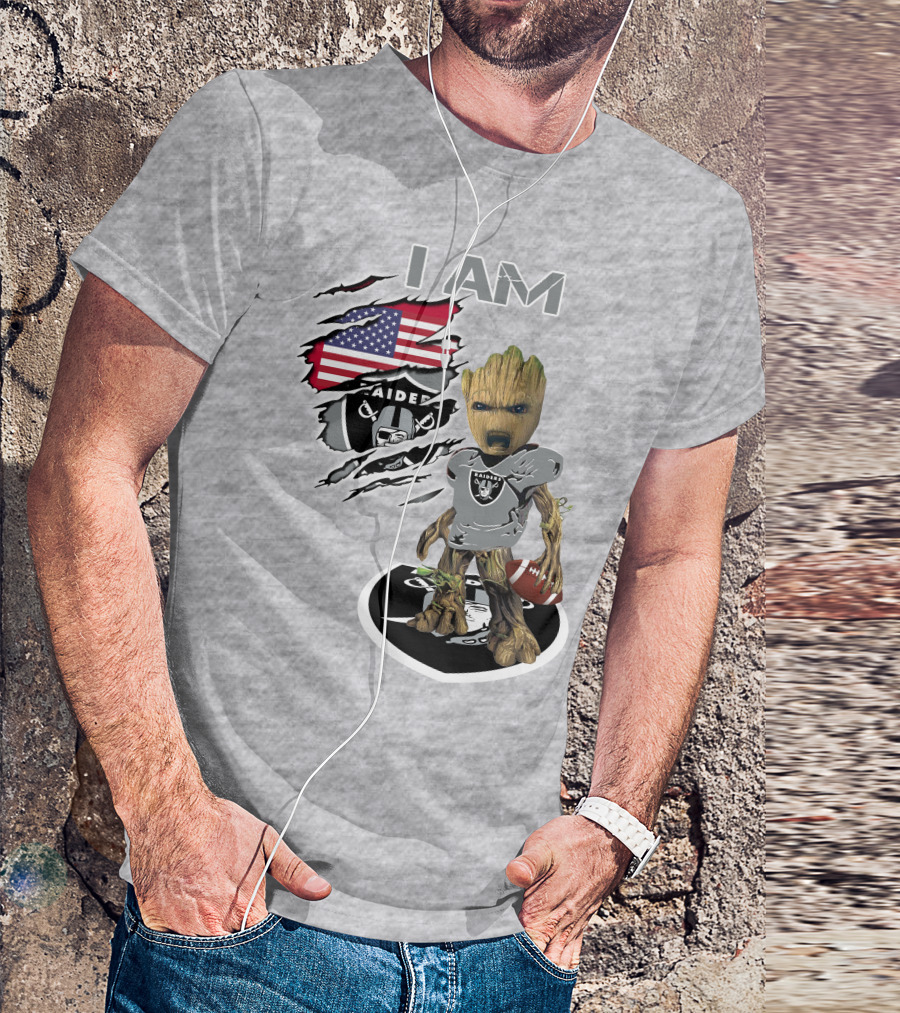 I Am Raiders Baby Groot American Flag Football T-Shirt