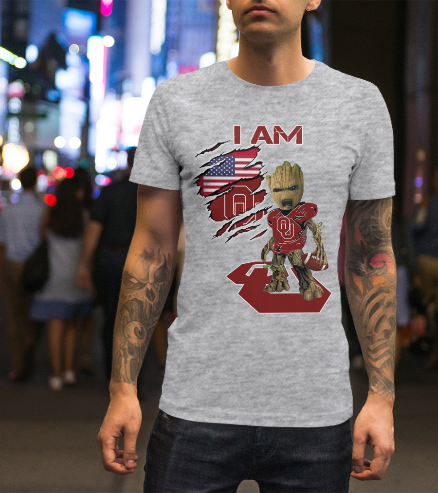I Am Baby Groot OU Sooners Football USA Flag T-Shirt