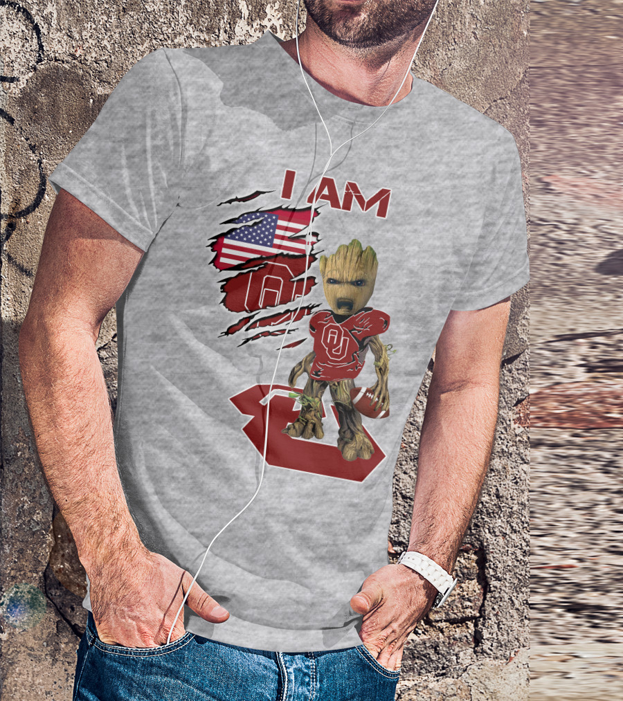 I Am Baby Groot OU Sooners Football USA Flag T-Shirt