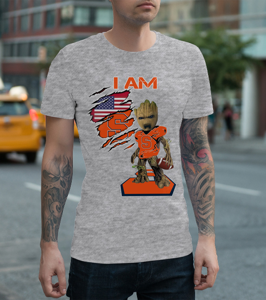 I Am Syracuse Baby Groot American Football Player with Flag and Orange S T-Shirt