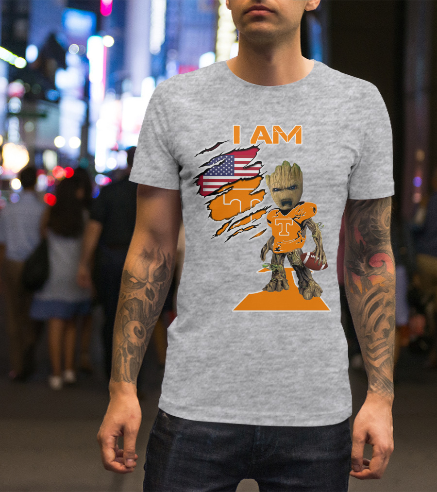 I AM Tennessee Baby Groot Football American Flag T-Shirt