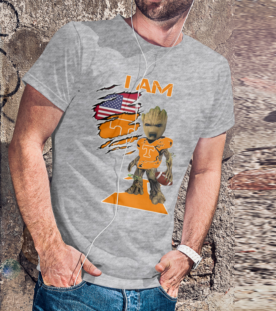 I AM Tennessee Baby Groot Football American Flag T-Shirt