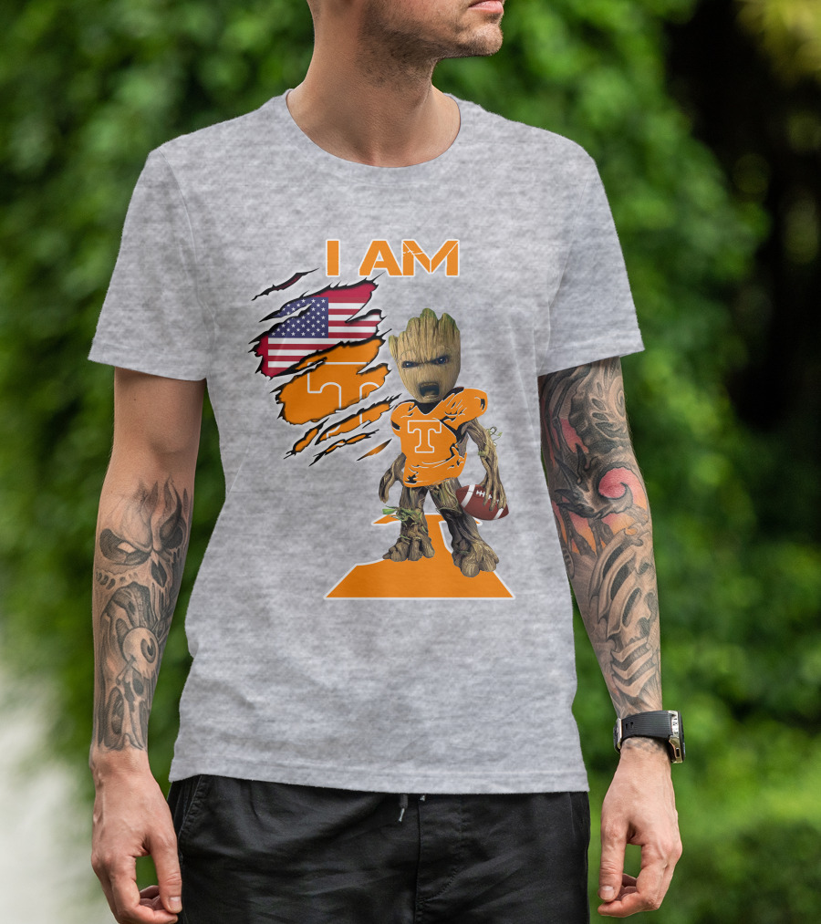 I AM Tennessee Baby Groot Football American Flag T-Shirt
