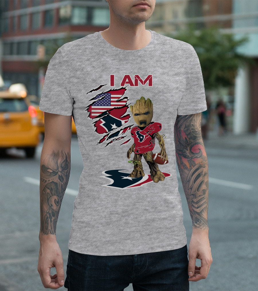 I Am Texans Baby Groot Football Usa Flag T-Shirt