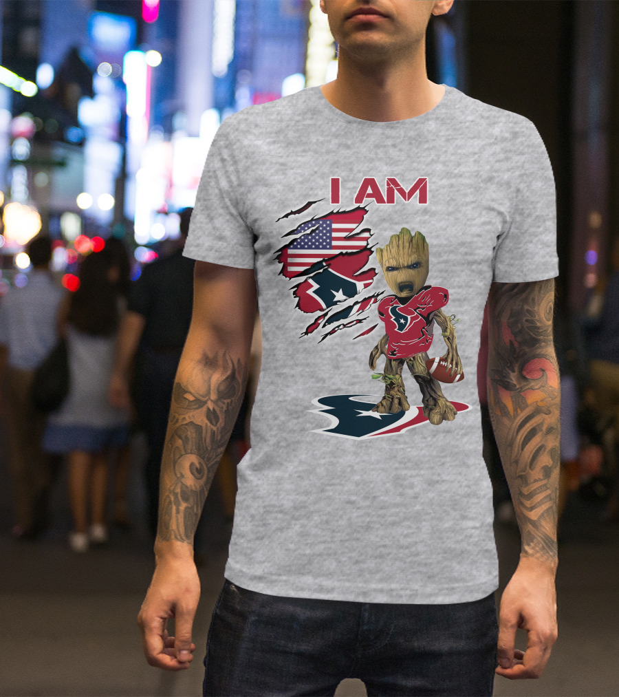 I Am Texans Baby Groot Football Usa Flag T-Shirt