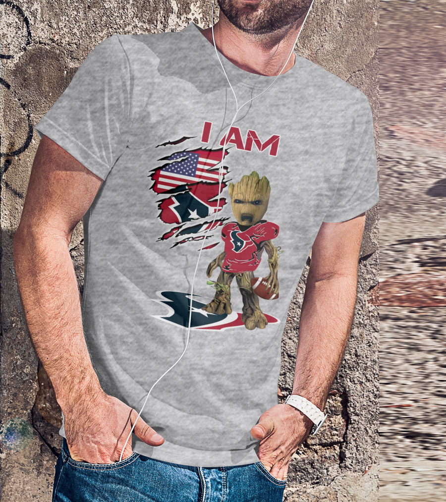 I Am Texans Baby Groot Football Usa Flag T-Shirt