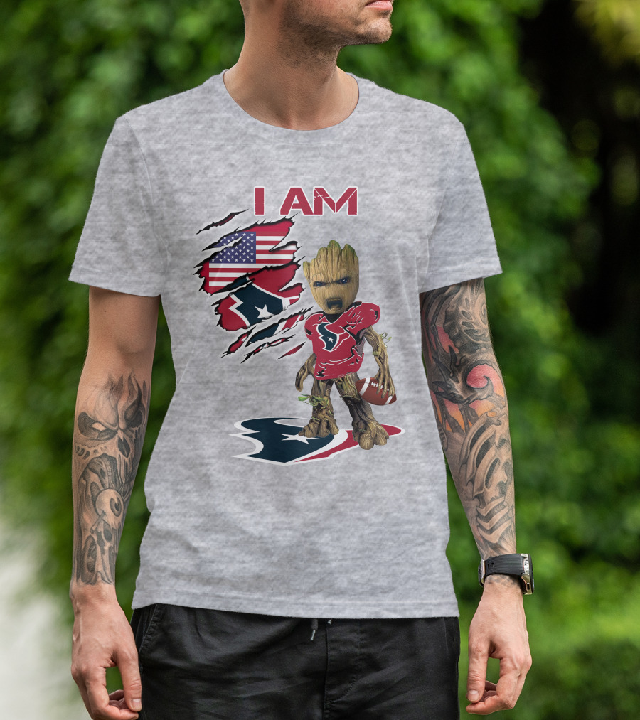 I Am Texans Baby Groot Football Usa Flag T-Shirt