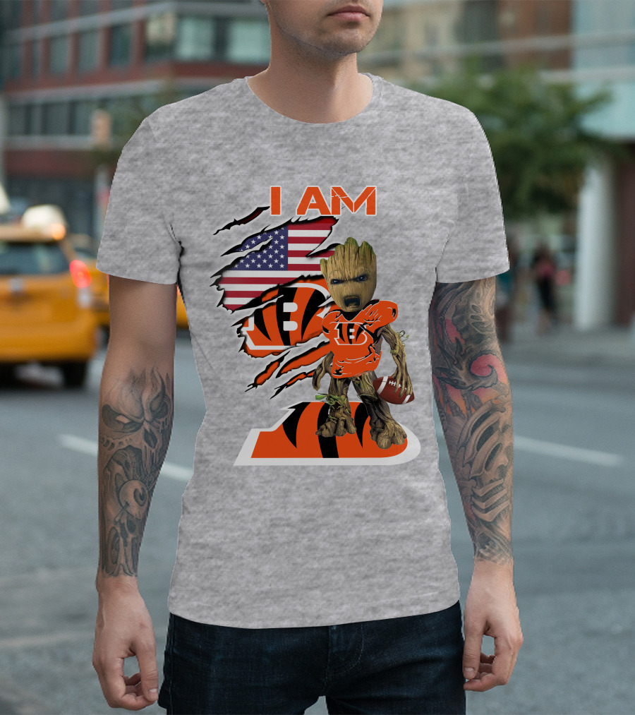 I Am Bengals Baby Groot Football美国 Flag T-Shirt