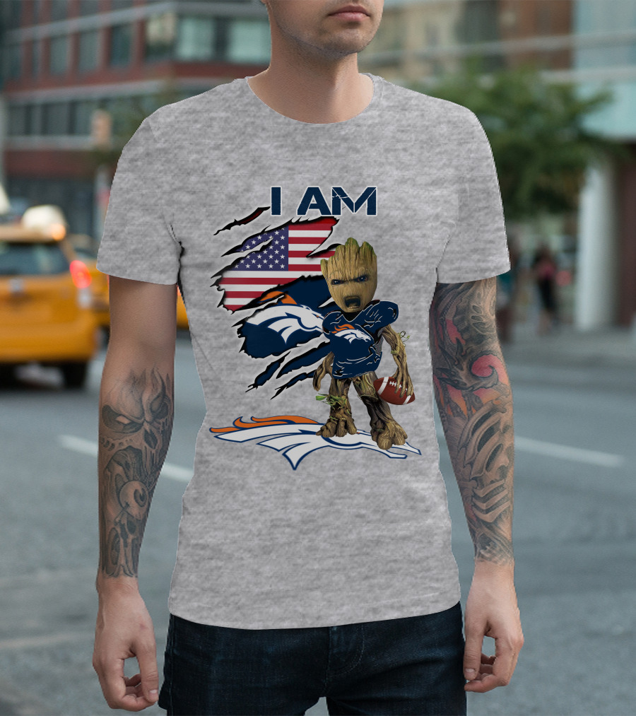 I Am Broncos Baby Groot American Flag Football T-Shirt