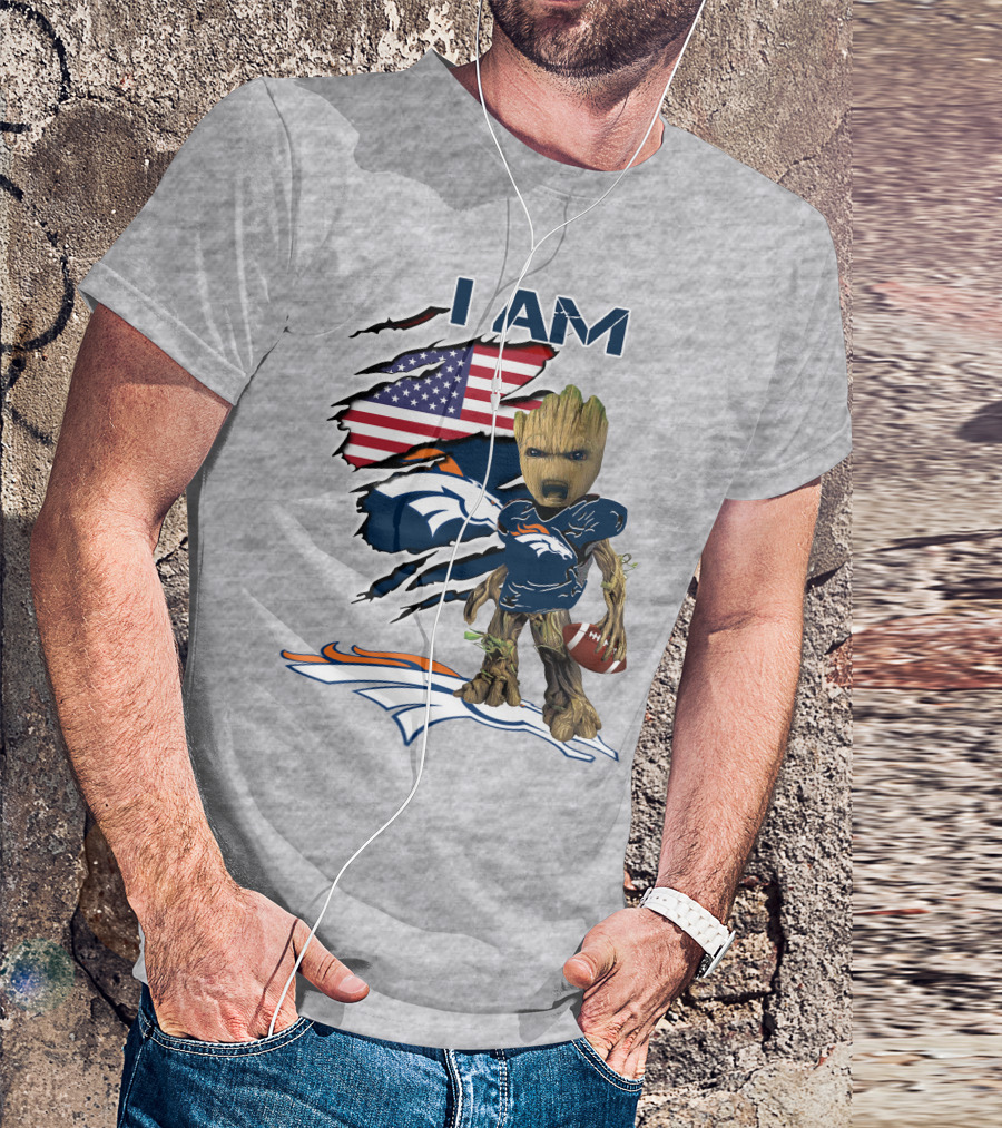 I Am Broncos Baby Groot American Flag Football T-Shirt