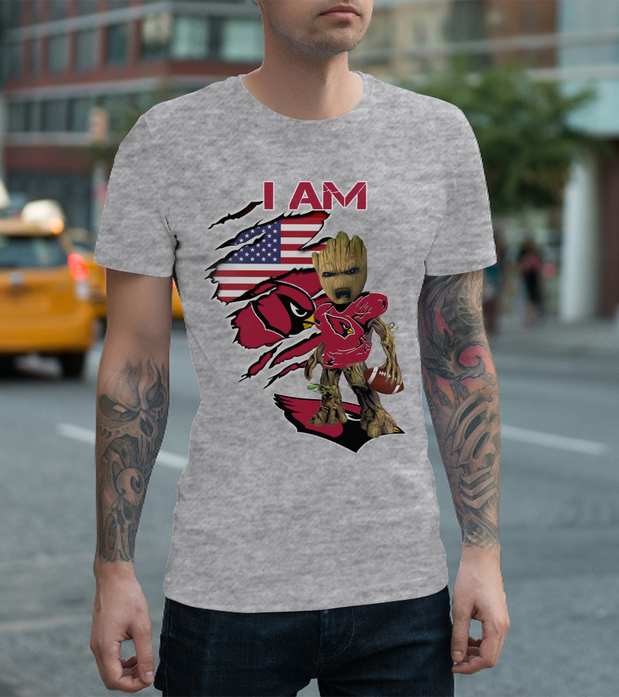 I Am Cardinals Baby Groot American Flag Football T-Shirt