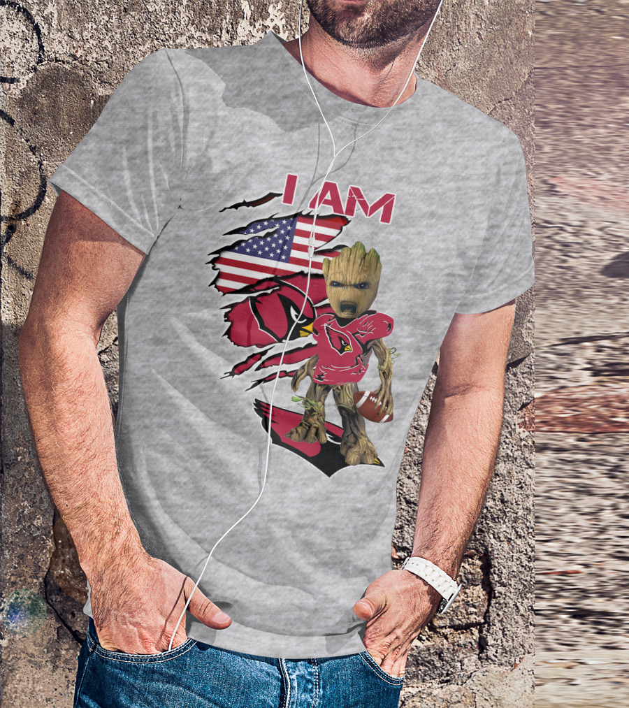 I Am Cardinals Baby Groot American Flag Football T-Shirt
