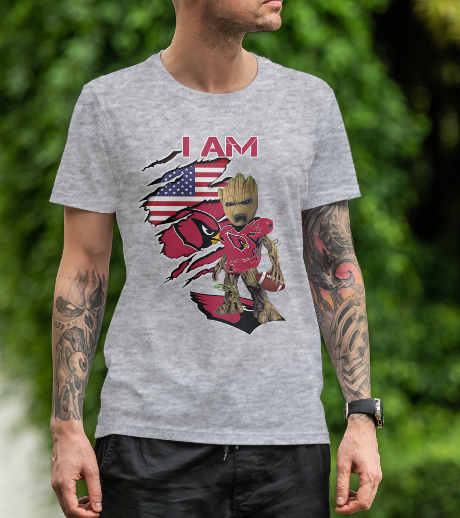 I Am Cardinals Baby Groot American Flag Football T-Shirt