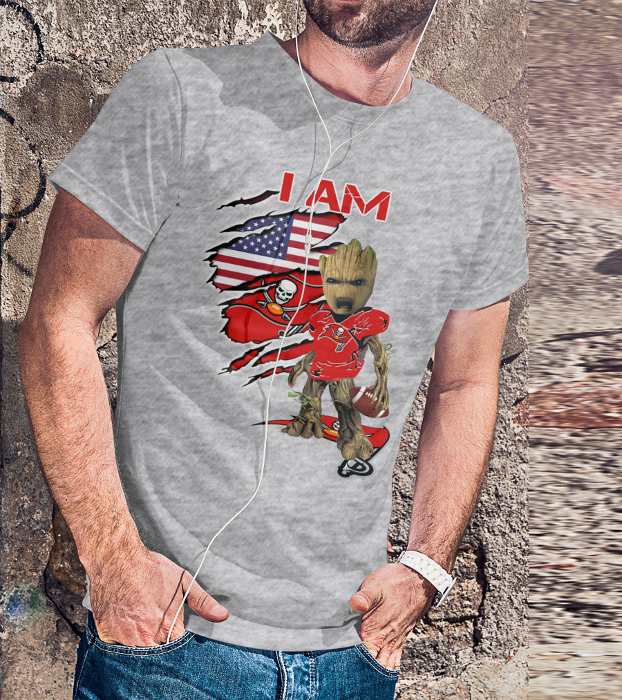 I Am Buc Baby Groot American Flag Football Buccaneers T-Shirt