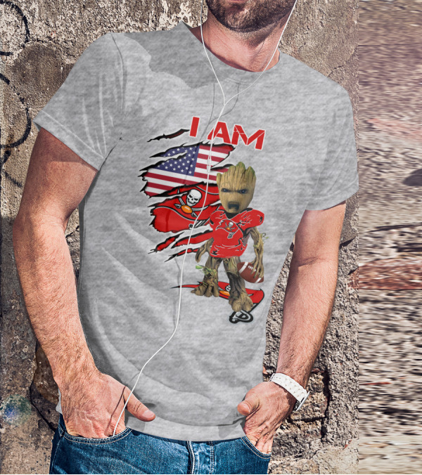 I Am Buc Baby Groot American Flag Football Buccaneers T-Shirt