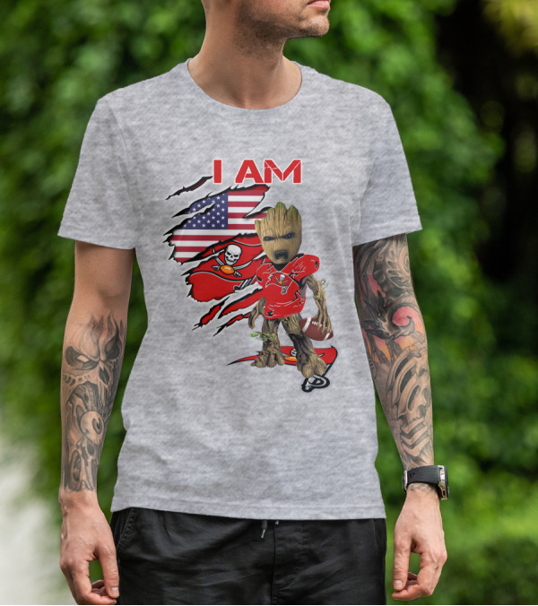 I Am Buc Baby Groot American Flag Football Buccaneers T-Shirt