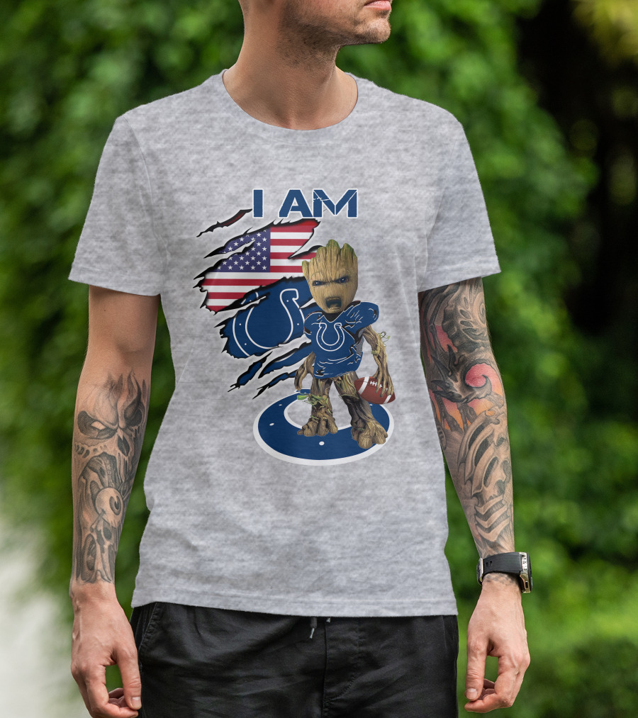 I Am Baby Groot Colts American Flag Football T-Shirt
