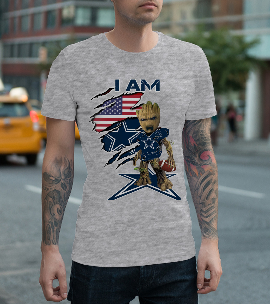 I Am Baby Groot Cowboys Fan With American Flag And Football T-Shirt