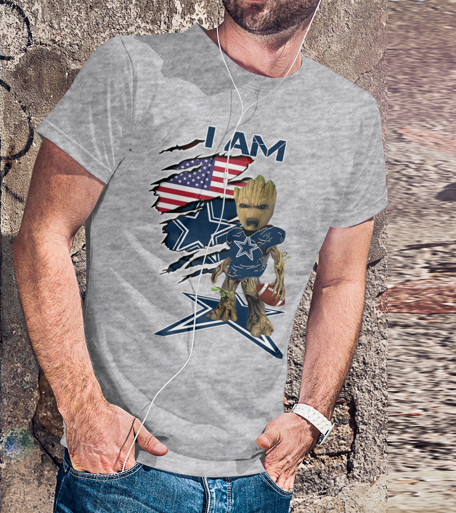I Am Baby Groot Cowboys Fan With American Flag And Football T-Shirt