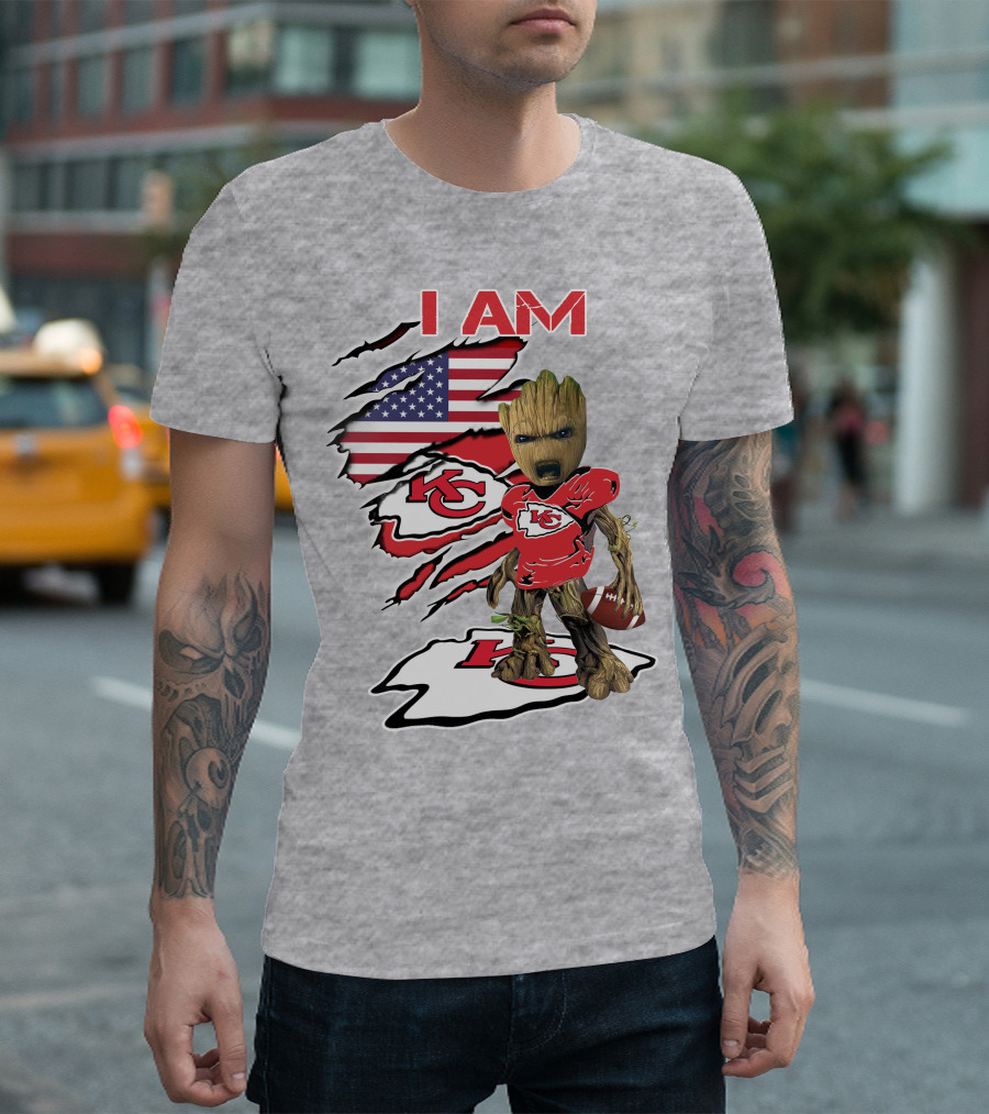 I Am Chiefs Baby Groot Kansas City Football American Flag T-Shirt