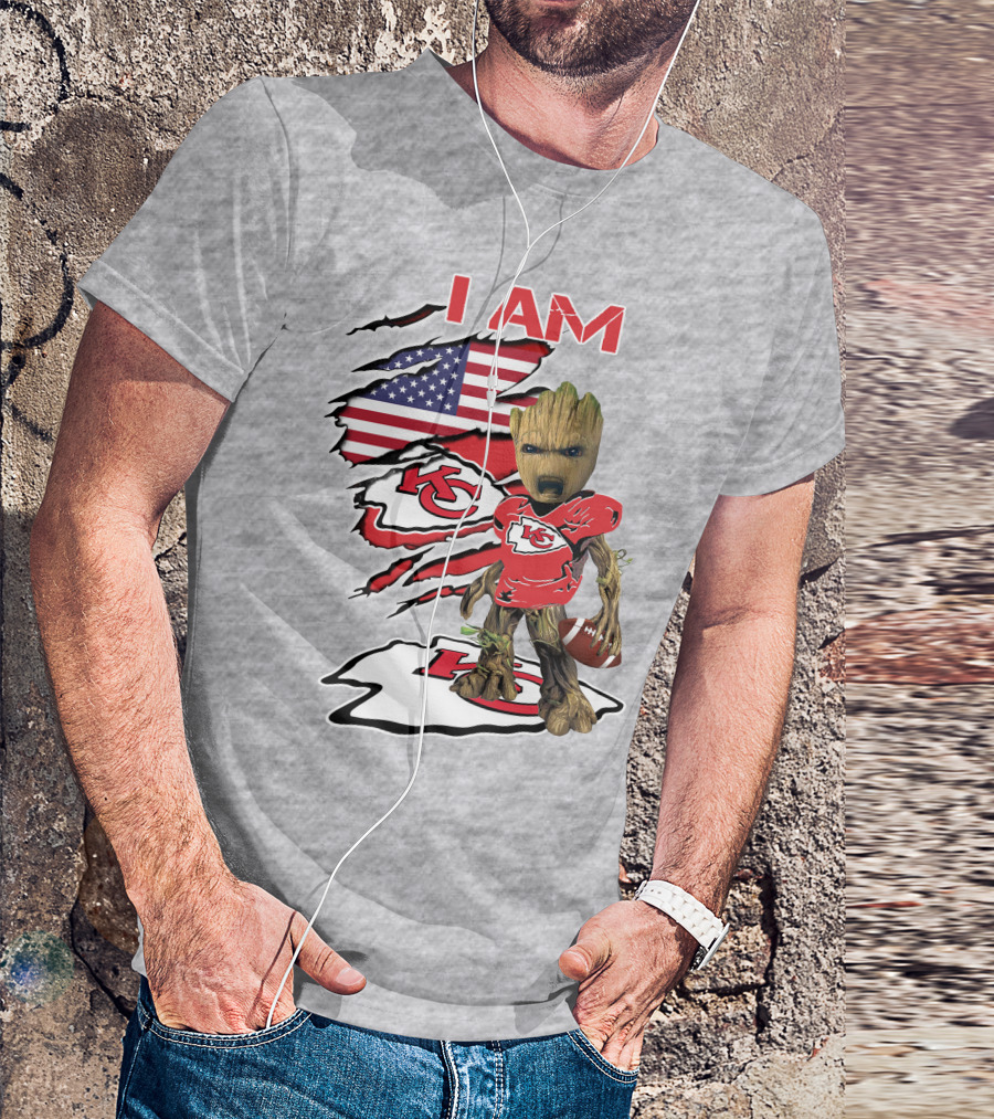 I Am Chiefs Baby Groot Kansas City Football American Flag T-Shirt