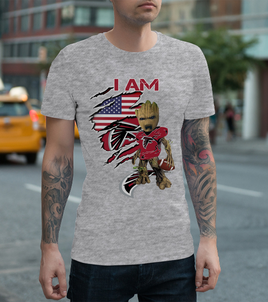 I Am Falcons Baby Groot Usa Flag Football T-Shirt