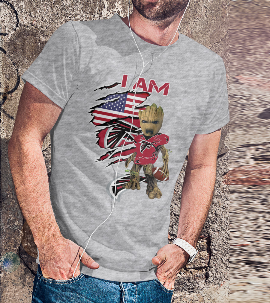 I Am Falcons Baby Groot Usa Flag Football T-Shirt