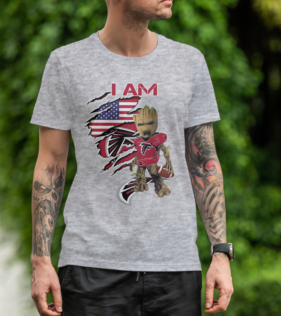 I Am Falcons Baby Groot Usa Flag Football T-Shirt