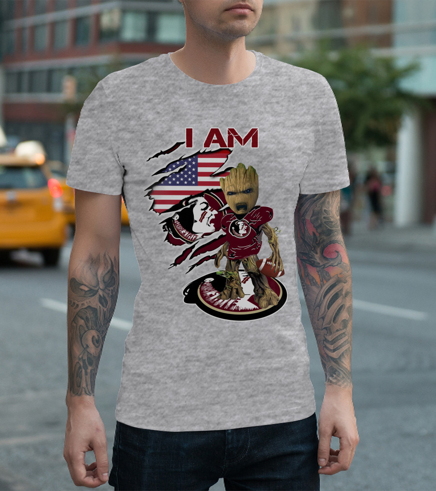 I AM Florida State Baby Groot Football American Flag T-Shirt