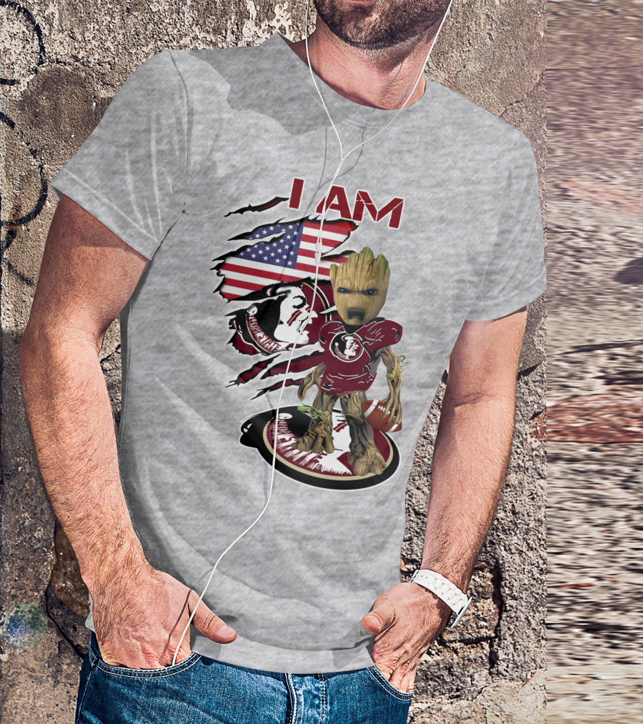 I AM Florida State Baby Groot Football American Flag T-Shirt