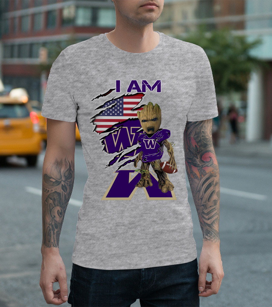I AM Huskies Baby Groot Football USA Flag T-Shirt