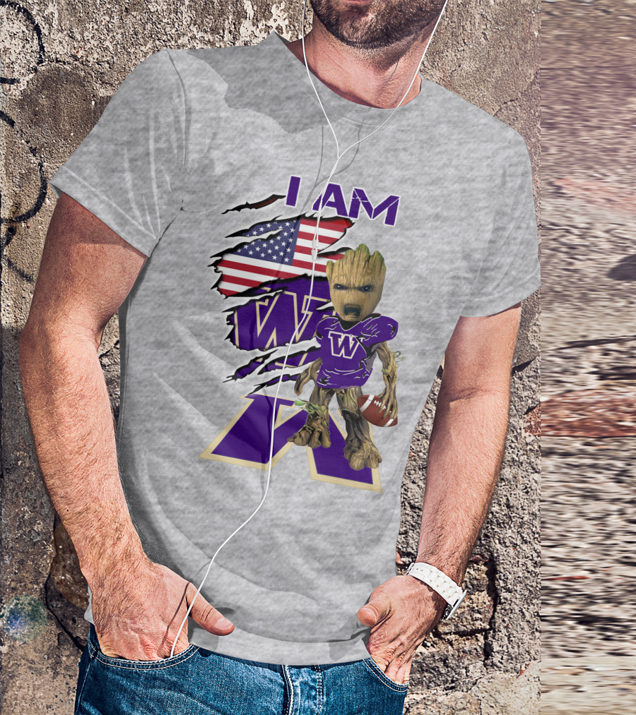 I AM Huskies Baby Groot Football USA Flag T-Shirt