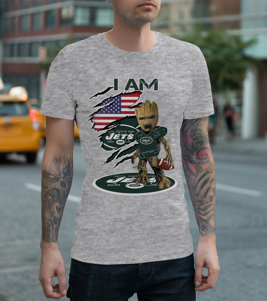 I Am Jets Baby Groot American Flag Football Fan T-Shirt