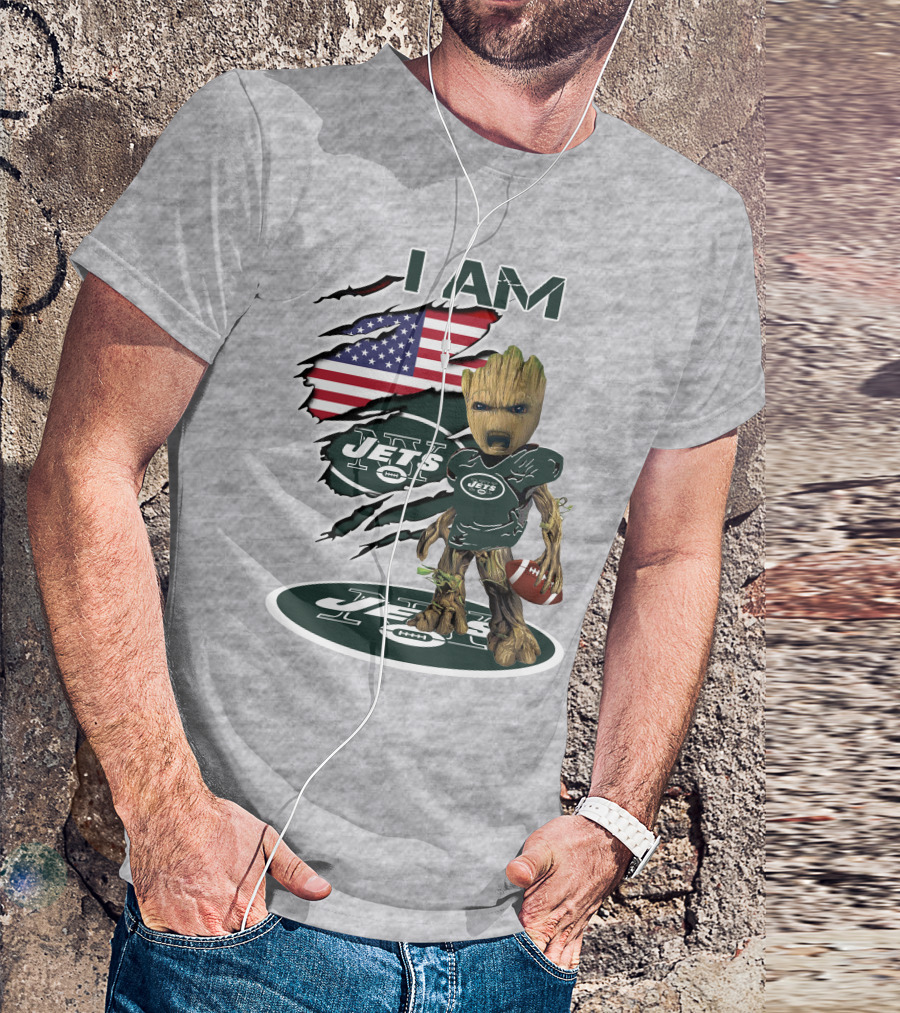 I Am Jets Baby Groot American Flag Football Fan T-Shirt