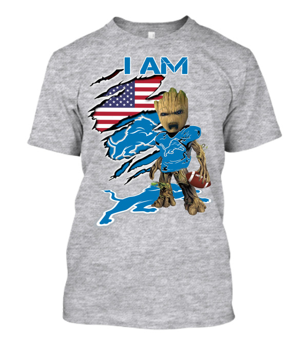 I Am Lions Baby Groot Football American Flag T-Shirt