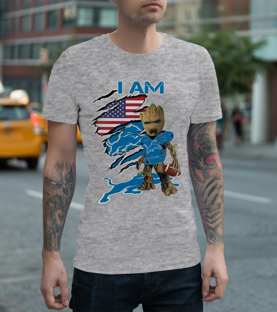 I Am Lions Baby Groot Football American Flag T-Shirt