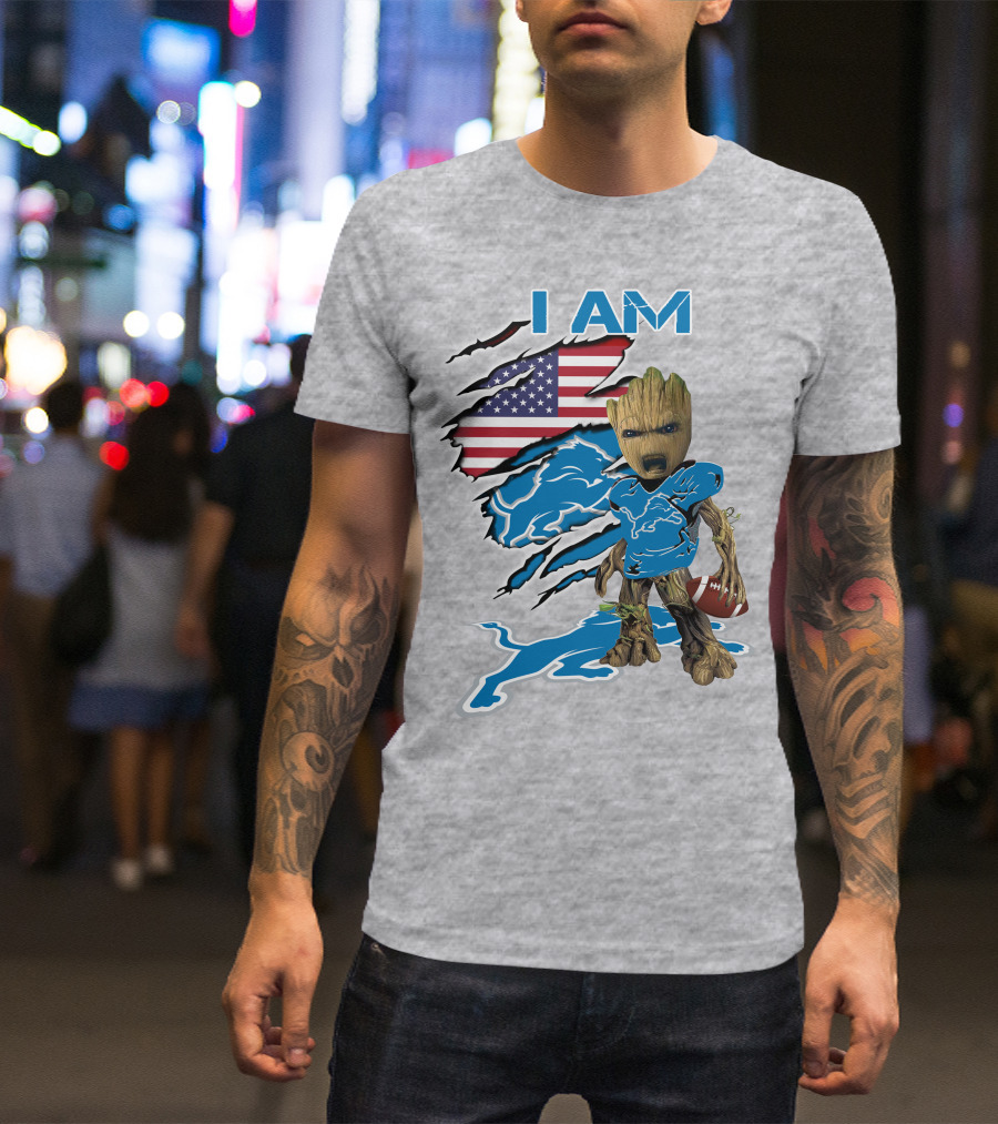 I Am Lions Baby Groot Football American Flag T-Shirt