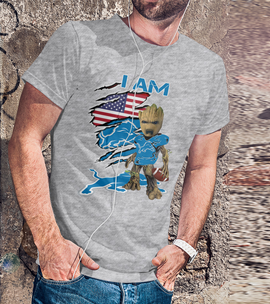 I Am Lions Baby Groot Football American Flag T-Shirt