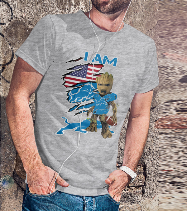 I Am Lions Baby Groot Football American Flag T-Shirt