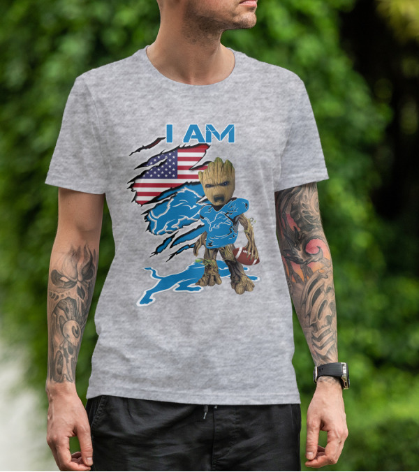 I Am Lions Baby Groot Football American Flag T-Shirt