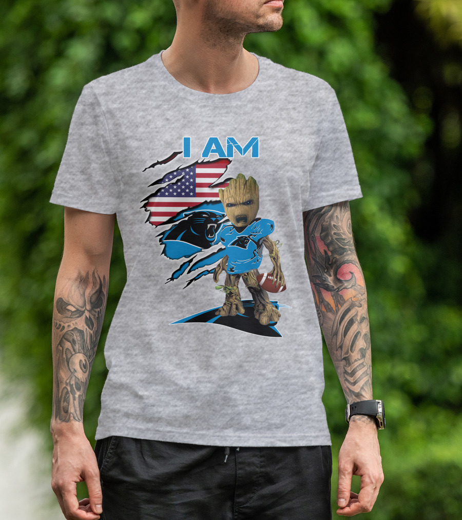 I Am Panthers Baby Groot Football Usa Flag T-Shirt