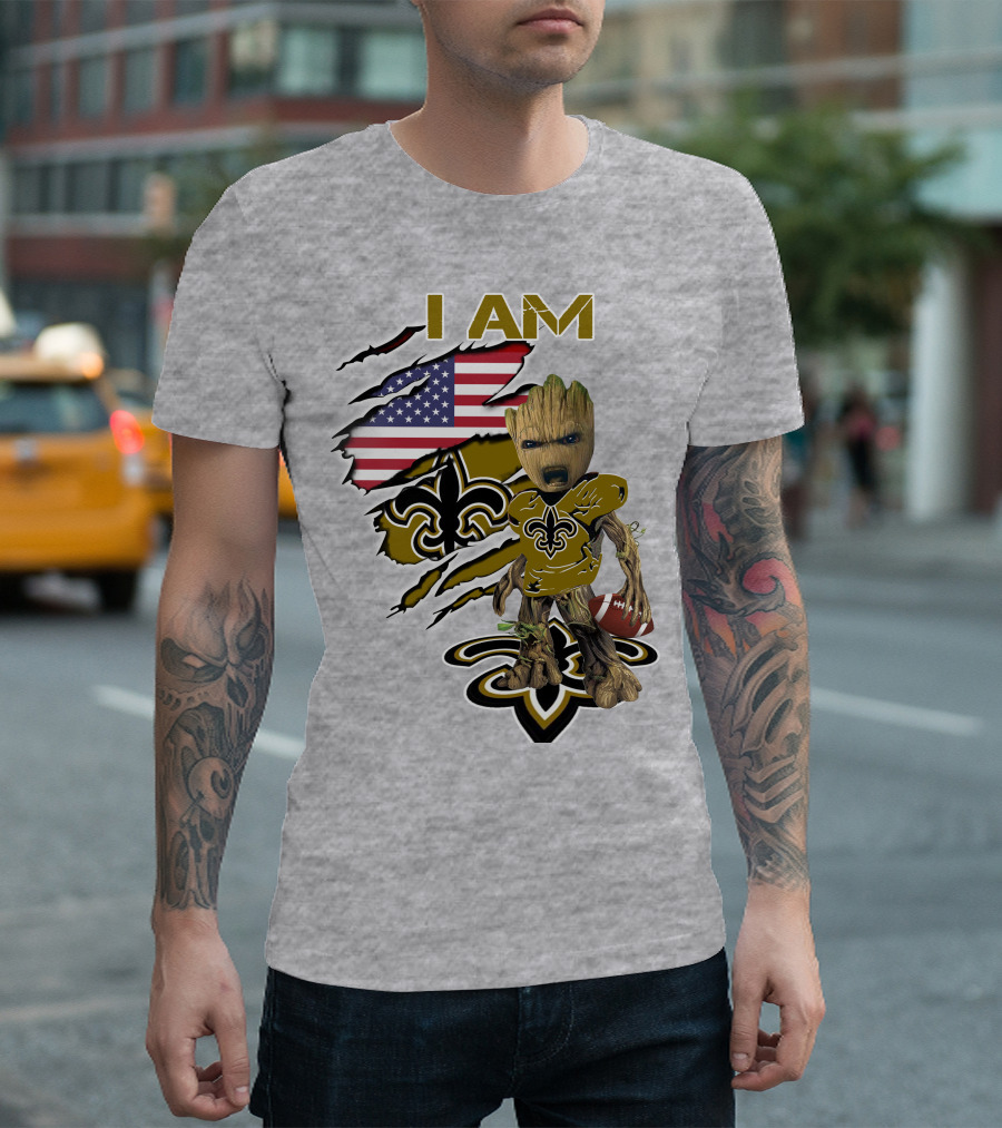 I Am Baby Groot Saints Fleur-De-Lis American Flag Football T-Shirt