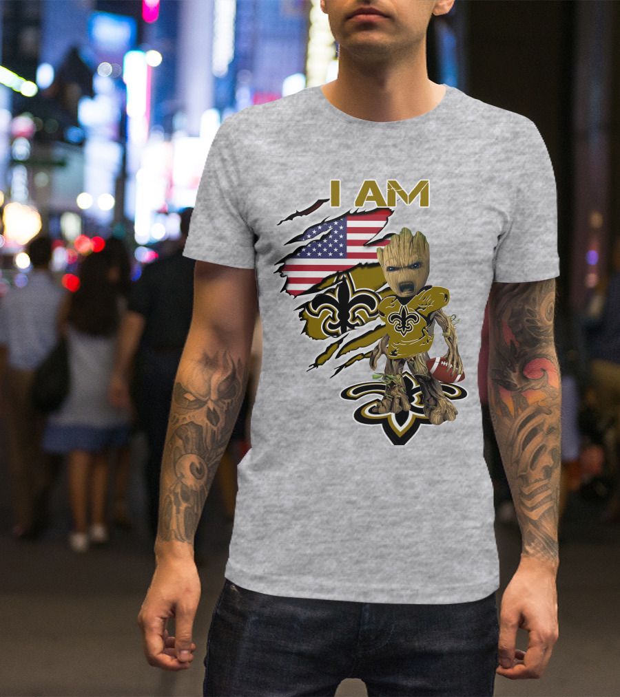 I Am Baby Groot Saints Fleur-De-Lis American Flag Football T-Shirt