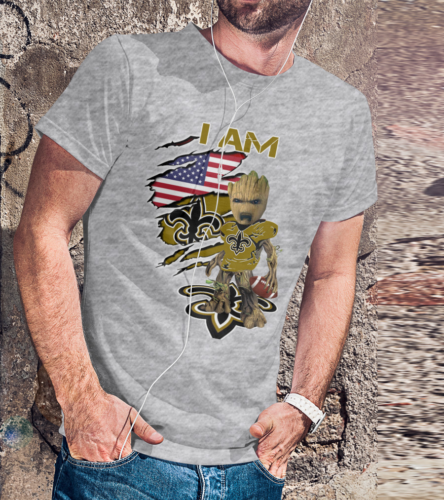 I Am Baby Groot Saints Fleur-De-Lis American Flag Football T-Shirt
