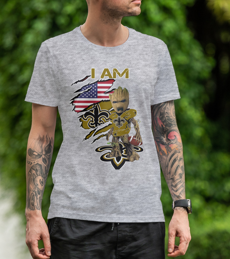 I Am Baby Groot Saints Fleur-De-Lis American Flag Football T-Shirt