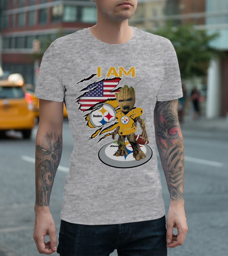 I AM Steelers Baby Groot American Flag Football Fan Gear T-Shirt