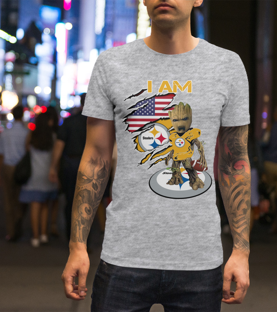 I AM Steelers Baby Groot American Flag Football Fan Gear T-Shirt