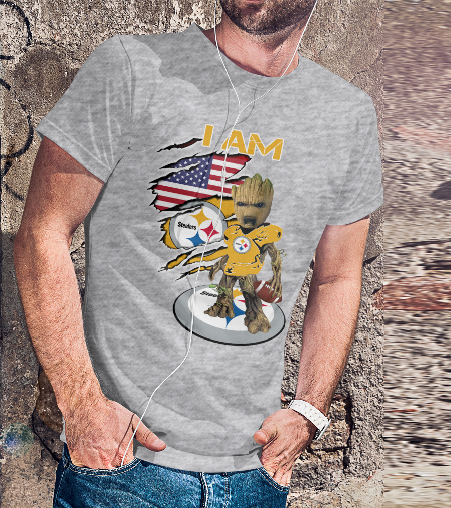 I AM Steelers Baby Groot American Flag Football Fan Gear T-Shirt